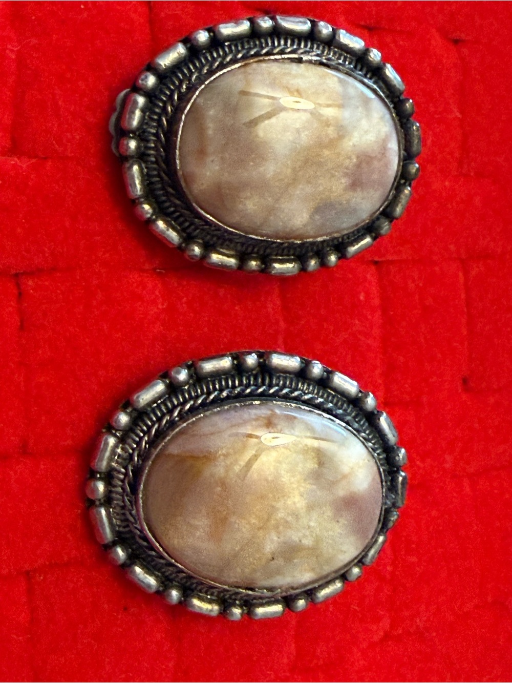 India Signed Silver-Tone Oval Stone Clip-On Earrings in Beige